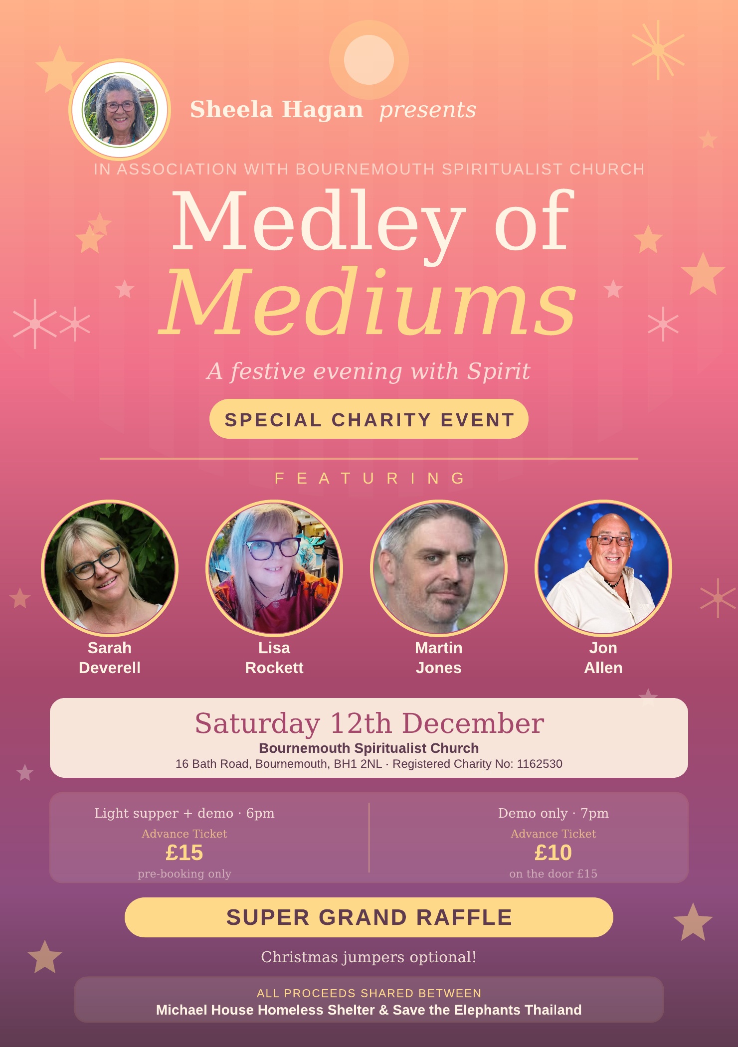 Medley of Mediums flyer featuring Sarah Deverell, Lisa Rockett, Martin Jones and Jon Allen. Event details are also written beside the flyer.